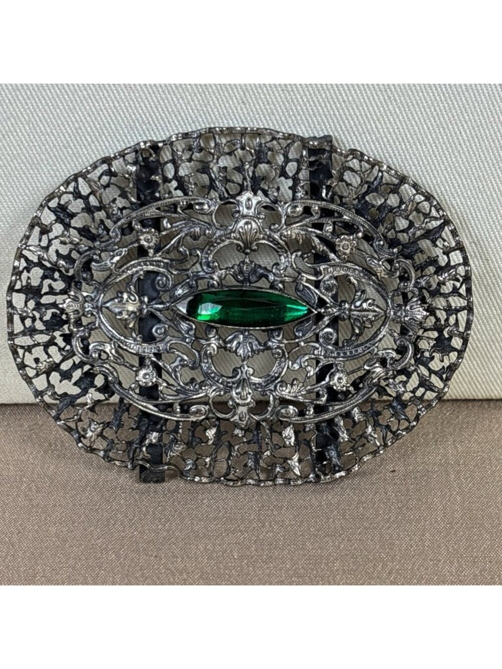 Vintage Art Deco Revival Belt Buckle Green Centerpiece Filigree Gunmetal Tone A6